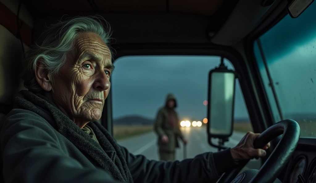 A truck driver was working when an old woman suddenly appeared on the road.