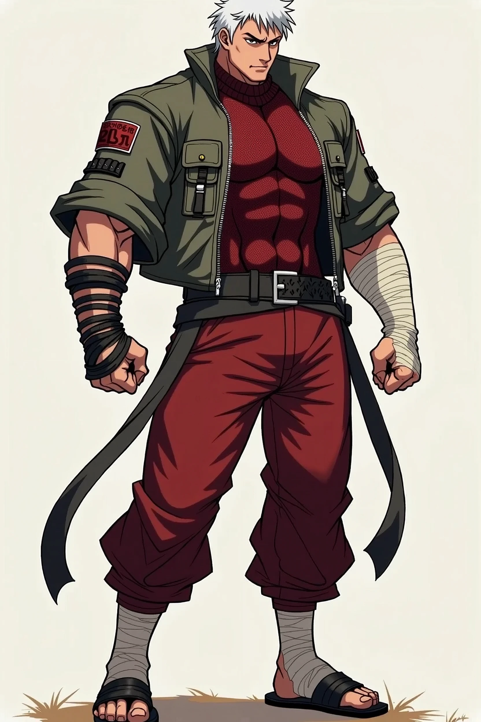 A dynamic illustration of Munashi Kurotani, a young but physically imposing 15-year-old character who stands 203 cm tall and has a muscular build. He has pure white hair and eyes. Munashi is dressed in a tight-fitting dark red shirt made of special mesh fabric with a high collar and no sleeves, paired with slightly loose red combat pants. He wears dark-colored ninja sandals. Over the shirt, he wears a sturdy, zipped combat jacket. His right arm features bandaged hands, while both legs have hip pouches with additional bandages wrapped around them. Capture him in a reflective or intense training pose, emphasizing his immense physical strength. The overall mood should convey his formidable presence, anime ART, webtoon ART, manga art