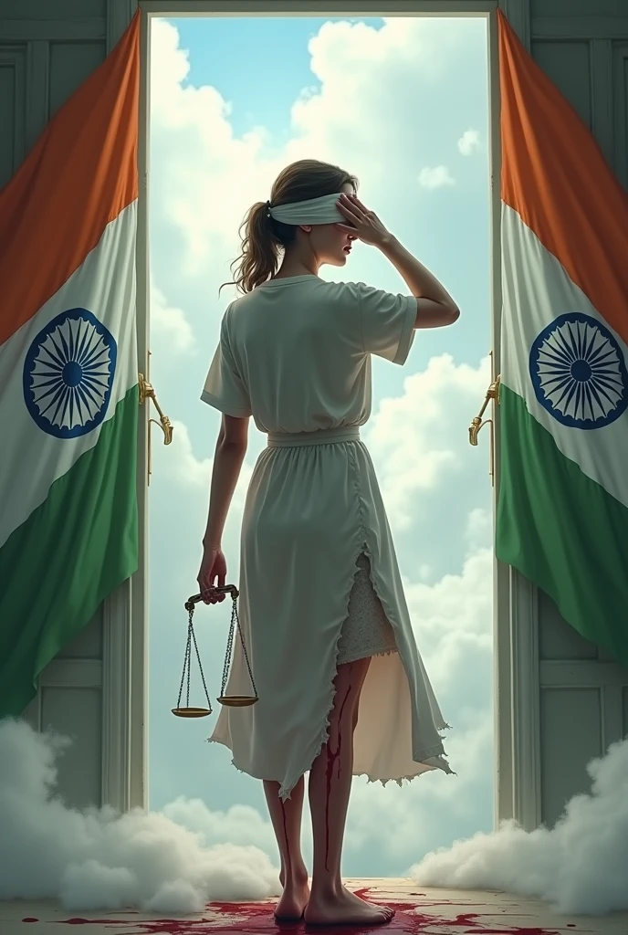 Female doctor wearing doctor's apron, holding justice symbol ⚖️ on one hand afraid and crying(blind fold),showing her back side infront of heaven door(typical cloudy and shiny heaven door), include indian tricolour flag. make it natural looking and tear her clothes like she got into road accident bleeding all over, Include indian tricolour flag behind her on the door on the both side of walls
I want to see her back side