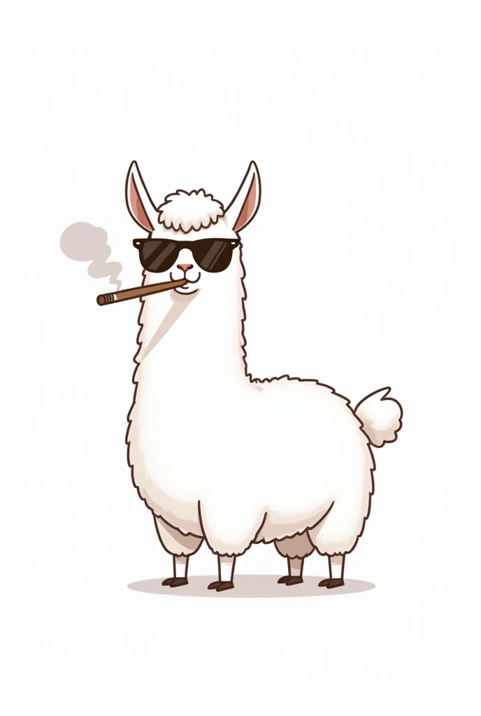 generate a llama animal with sunglasses, funny drawing, white color, with a pure abano in the mouth