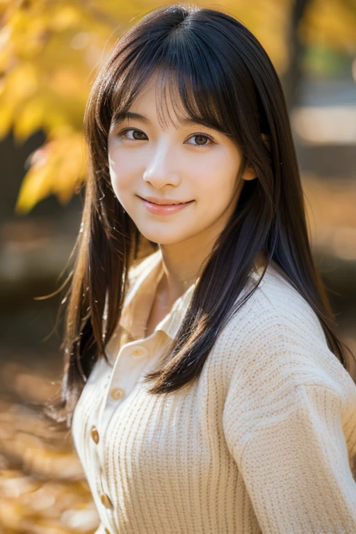 Highest quality, Soft Light, Ultra-high resolution, (Realistic:1.4), full_body,RAW Photos, One of the Japan, alone, cute, (pupil, Light in your eyes), Beautiful face in every detail,(High resolution detail of human skin texture), (Long Hair), Outdoor, Dress shirt,skirt, (Portraiture),autumn,smile,Black Hair,Age 25