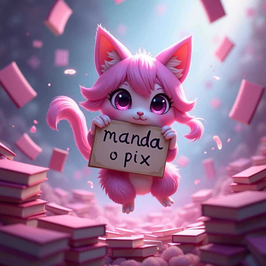 yuumi the magical cat from league of legends holds a sign that says "manda o pix" and pink books