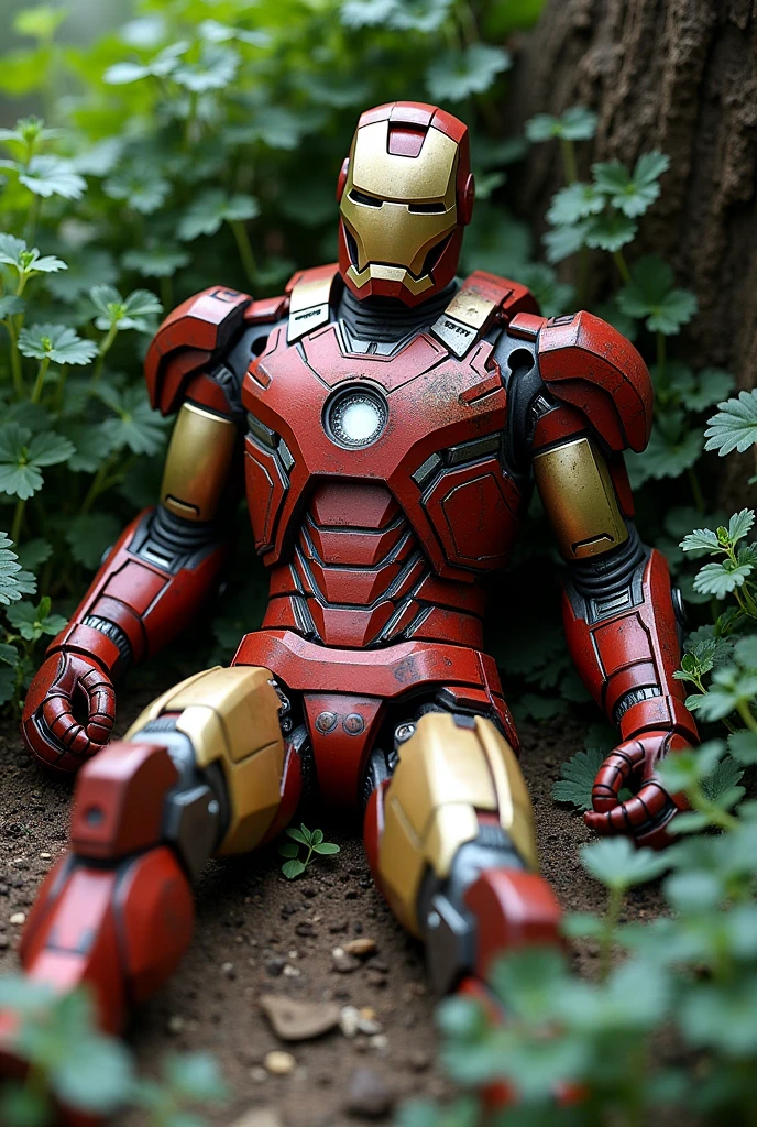 Iron Man's armor destroyed, no one in the suit, as if abandoned, plants all around, rust, left on the ground and with the pieces separated, Shattered, abandoned and destroyed