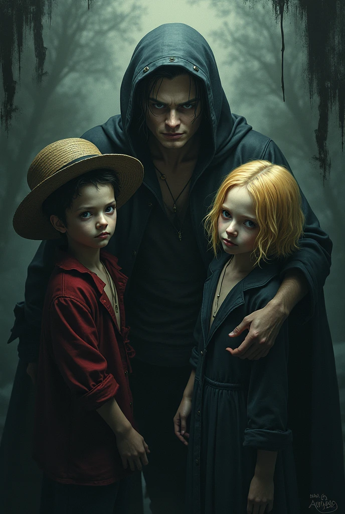 Create dark artwork for characters for an animated web series about one piece character zoro, sanji and broke. Include child side in the character design.