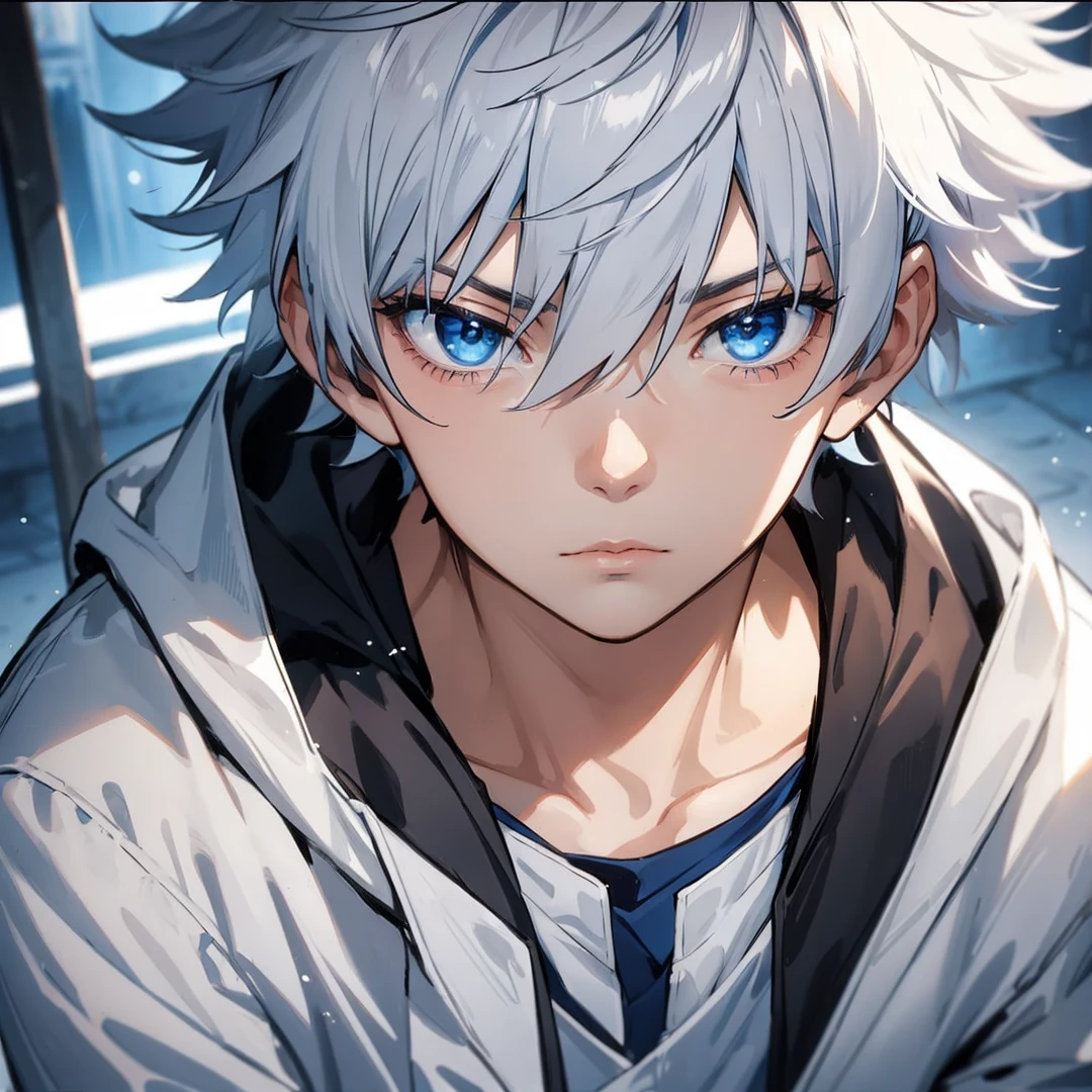 Man blue eyes somber expression with medieval cloak 
