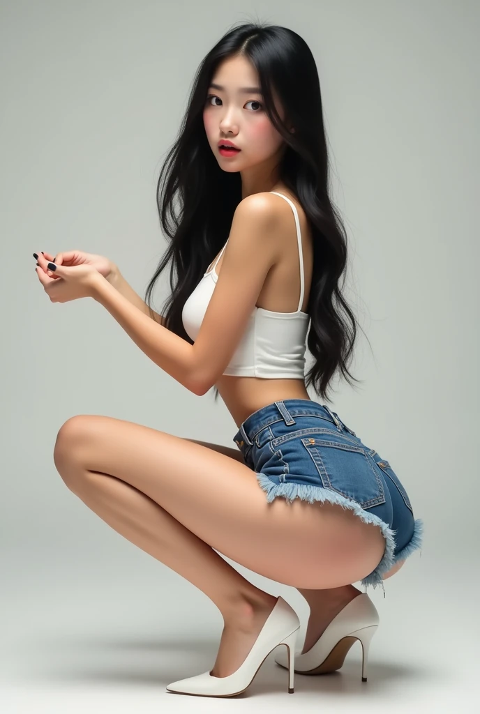 Cute face beautiful asian girl wearing denim shorts and tank top
High heels white
Squatting
Back view
Thick thighs
Curvy
Face expression shocked
Mouth opened
Back view
Decrease shorts length more
Tight shorts and big butt