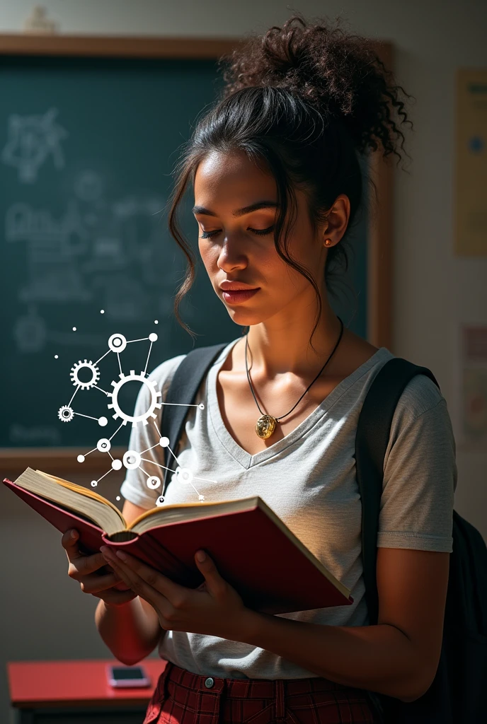 A realistic Brazilian woman, in student age, with a book in hand open and coming out of the book head graphic elements that refer to entrepreneurship, innovation and socioemotional skills. Use red as the default color palette, dark blue and gray. The background is a school..