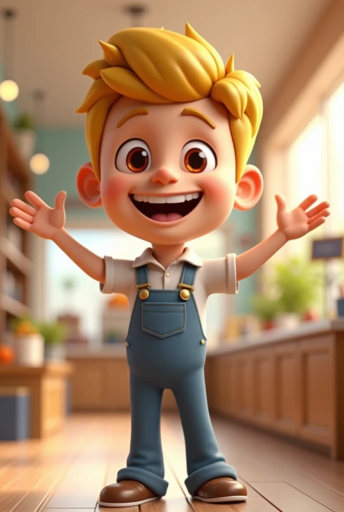Create a mascot of a 3D animated character with a welcome presentation, blonde male day, wearing a store uniform without a dark blue logo.