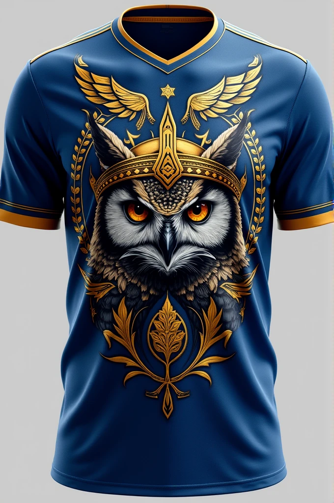 Create a blue football shirt, gold and black with the design of an owl wearing the hat of the Greek goddess Athena with details of Greek mythology