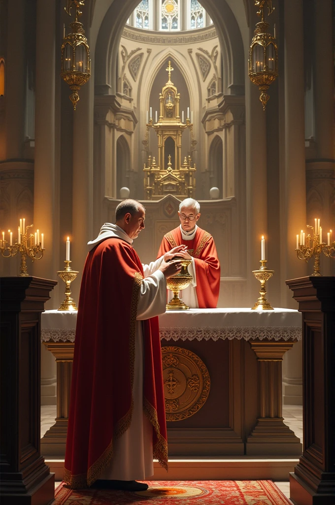 Priest on the altar with holy water