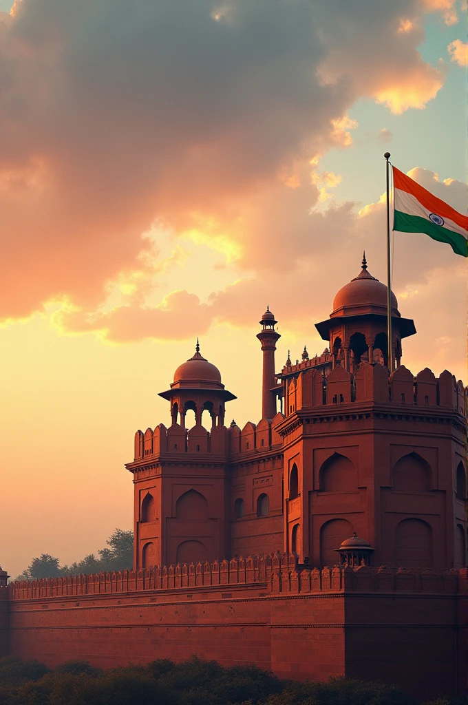 Indian red fort wide sky, background ready to celebrate independence day, no people, a big Indian flag flying on the side of the image