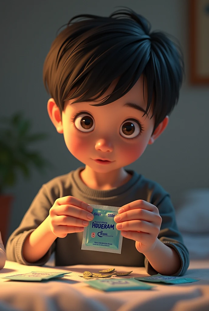 Young boy opened condom packets