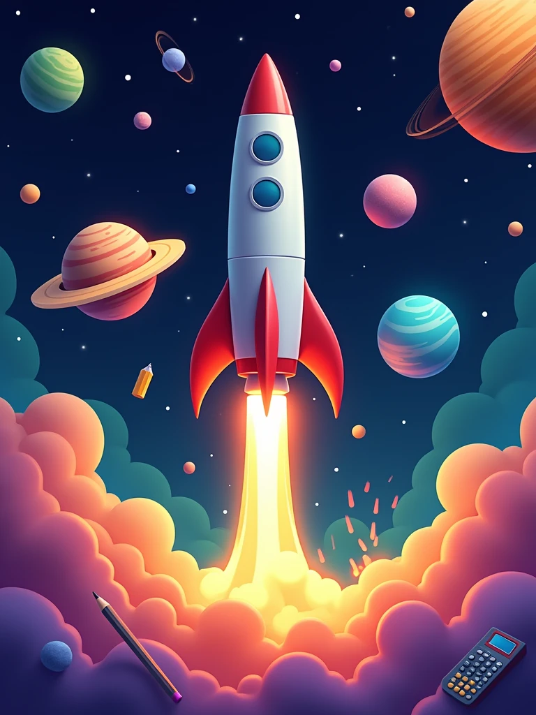 digital art of a stylized rocket taking off, surrounded by colorful planets and stars, include school supplies. use colors: dark blue, orange, purple and green.