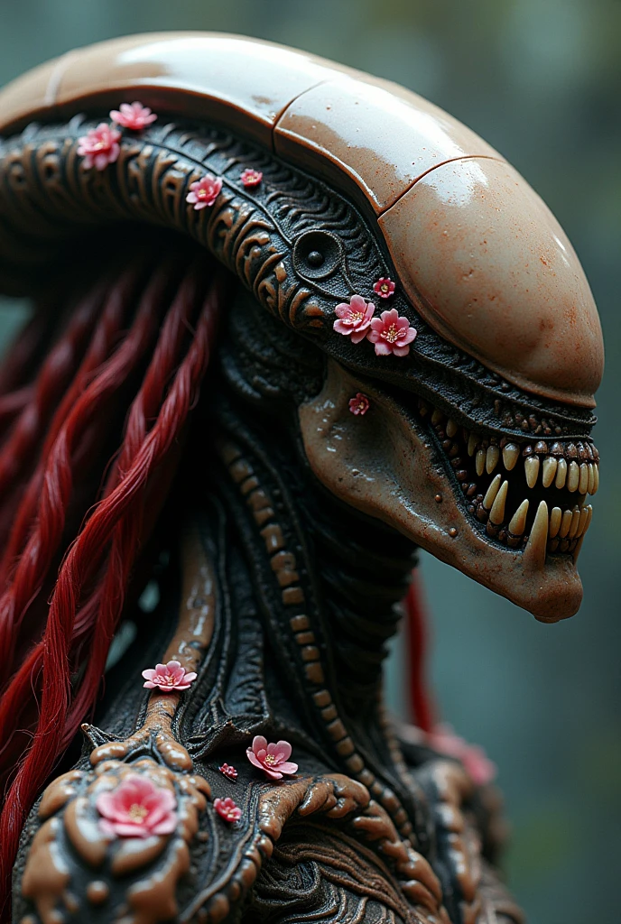 Hyper-realistic, hyper-detailed, side profile of predator yautja and xenomorph joined together at the back of there heads, with crimson red hair, small intricate pink flowers flow down the join