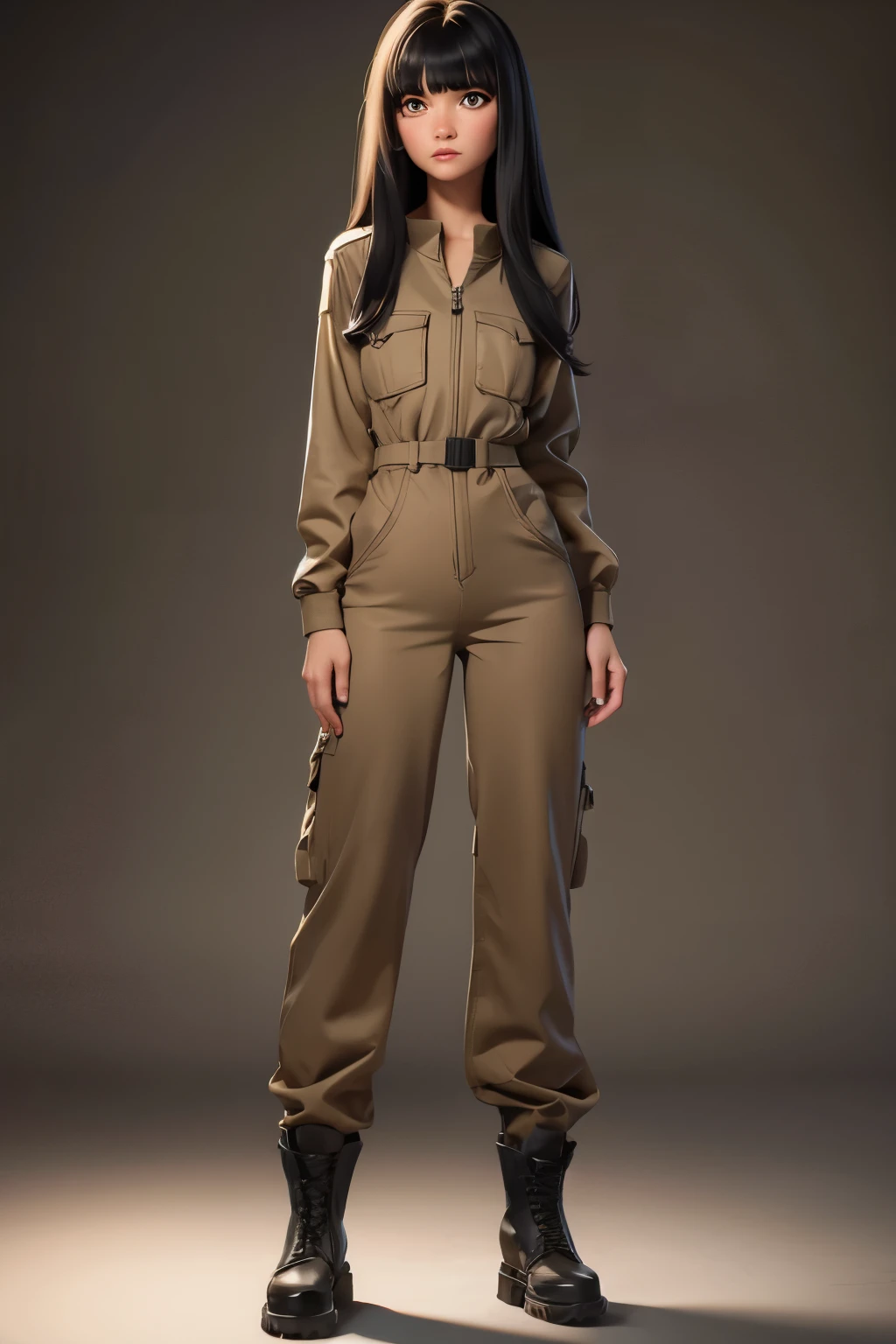 girl,black long straight hair with bangs,beige old jumpsuit,black combat boots, high resolution