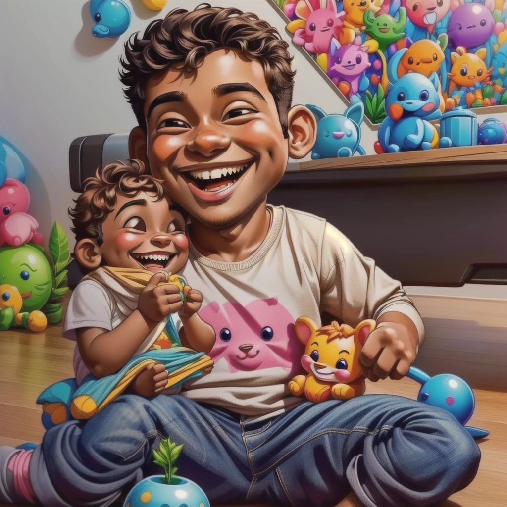 there is a baby sitting on the floor holding a toy, he is very happy, inspired by Abidin Dino, with a happy expression, impish smile, little smile, happy with his mouth open, reyyan, friedly smile, riyahd cassiem, happy ???, innocent smile, he is smiling, happy expression, foto, ayan nag