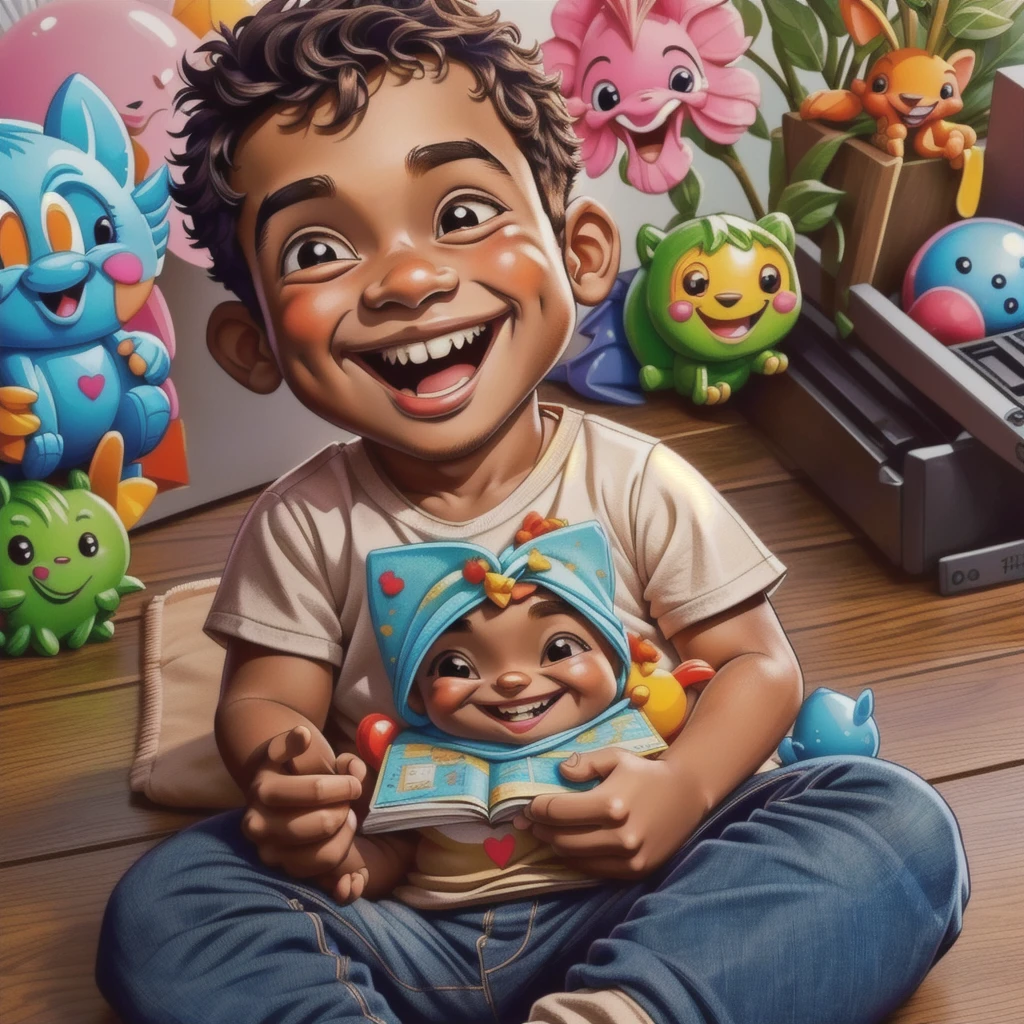 there is a baby sitting on the floor holding a toy, he is very happy, inspired by Abidin Dino, with a happy expression, impish smile, little smile, happy with his mouth open, reyyan, friedly smile, riyahd cassiem, happy kid, innocent smile, he is smiling, happy expression, foto, ayan nag