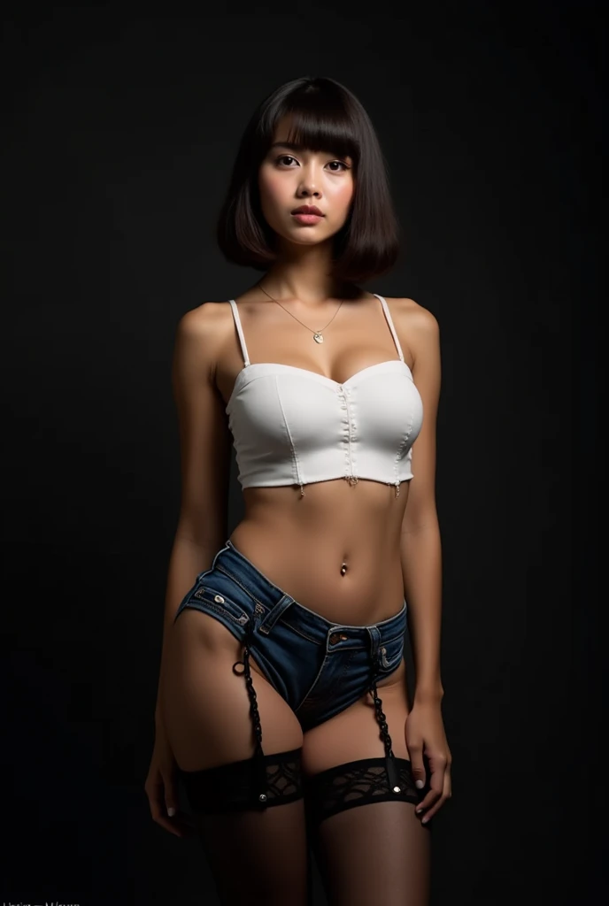 girl, (bob Hairstyle). Wearing white crop top tanktop, cleanatural big breast, showhigh, plump body)), ((wearing denim hot pants, bpack stocking, black garter)). Standing pose. Dark background. (Malaysia female).wide view