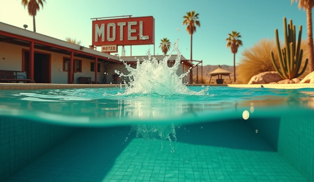 Create a hyper-realistic 8K image from a first-person perspective, as if the camera is partially submerged in a pool. The view should be split: bottom half underwater, top half above. In the immediate foreground, capture dramatic water splashes rising towards the camera, creating the illusion that the viewer is diving into the water. Cover parts of the 'lens' with water droplets to enhance this immersive effect. Underwater: Show crystal-clear turquoise pool water with visible pool tiles. Above water: Frame a run-down Mexican motel in the background, surrounded by cacti. Include a weathered sign if possible. The dilapidated Mexican motel pool, surrounded by cactus, exudes eerie charm. A weathered sign pleads "Free me!". Golden hour light bathes the scene, highlighting hyper-realistic details: dust motel Use golden hour lighting to illuminate the scene, creating a warm, slightly eerie atmosphere. Emphasize the contrast between the underwater clarity and the golden light above. The splash should be the focal point, with intricate details of water droplets and light refraction. Maintain sharp focus throughout, especially on the water splash and droplets. Aim for a raw, cinematic style with a strong depth of field