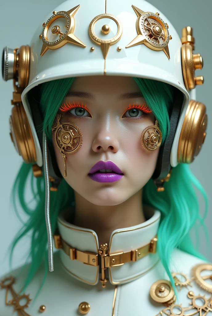 A striking portrait of a full body Korean woman dressed in intricate steampunk-inspired gear. She dons a white helmet adorned with gears and levers, while her face is intricately embellished with golden mechanical components such as gears, pipes, and wires, Xtremly delicated like a Swiss click, vibrant purple lipstick contrasts with her focused, sharp eyes, orange eyelashes and neon green hair. The muted background emphasizes the viewer's focus on the woman's detailed facial features and the fascinating mechanical elements on her face., photo, fashion, vibrant