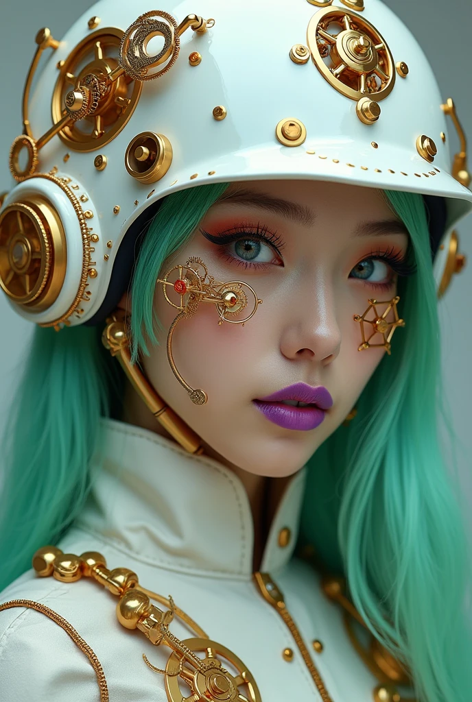 A striking portrait of a full body Korean woman dressed in intricate steampunk-inspired gear. She dons a white helmet adorned with gears and levers, while her face is intricately embellished with golden mechanical components such as gears, pipes, and wires, Xtremly delicated like a Swiss click, vibrant purple lipstick contrasts with her focused, sharp eyes, orange eyelashes and neon green hair. The muted background emphasizes the viewer's focus on the woman's detailed facial features and the fascinating mechanical elements on her face., photo, fashion, vibrant