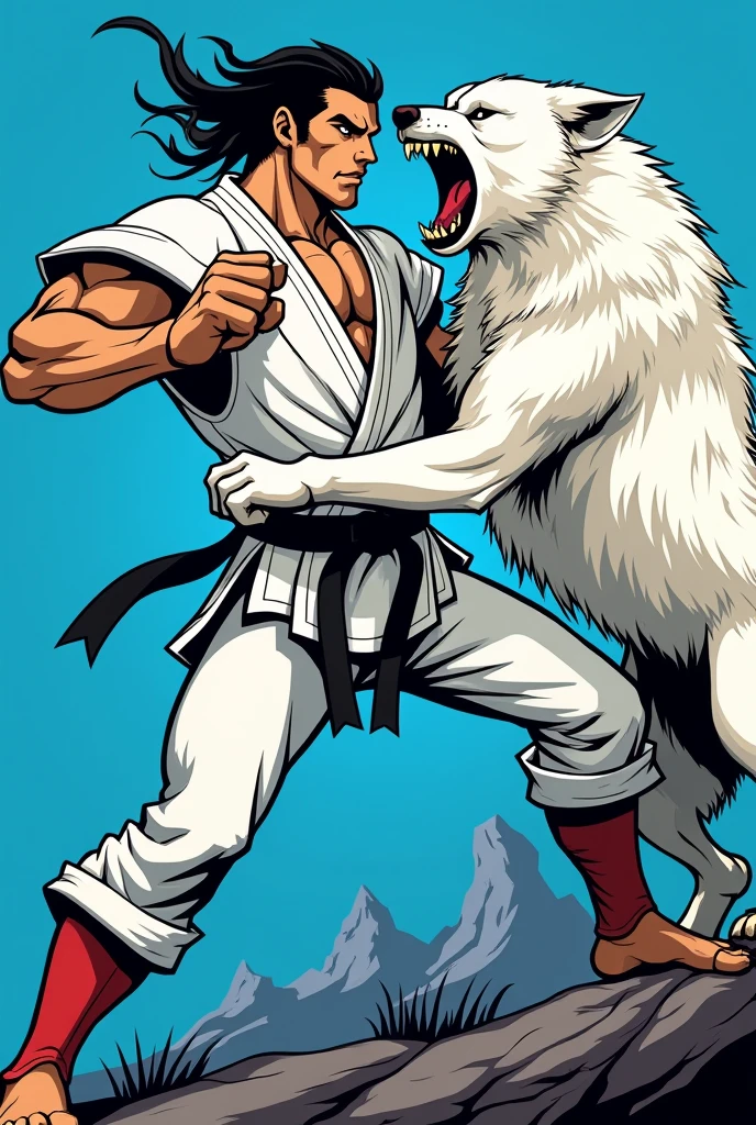 Blue Azrael karate star logo, A muscular and fearless karateka fighting a furious giant white wolf.