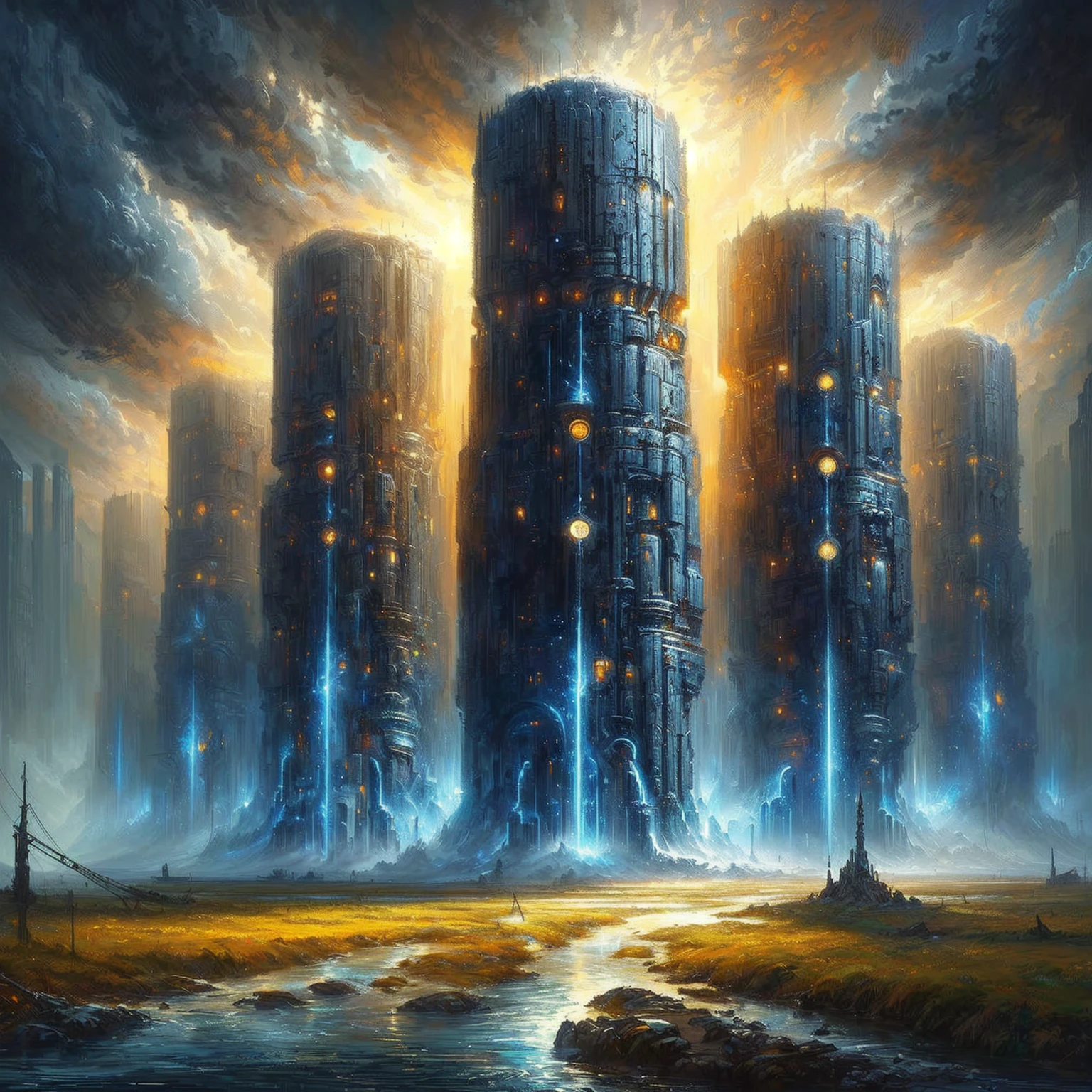 a painting of a futuristic city, through which a river flows, Greg Beeple, Symmetrical epic fantasy art, mystical sci-fi concept art, Science-Fiction-Fantasy-Kunst, epic Sci-Fi-Fantasy-Art, epische Fantasy-Sci-Fi-Illustration, Science Fantasy Painting, Andreas Rocha Stil, Fractals Donner Dan Mumford, Peter Gric und Dan Mumford