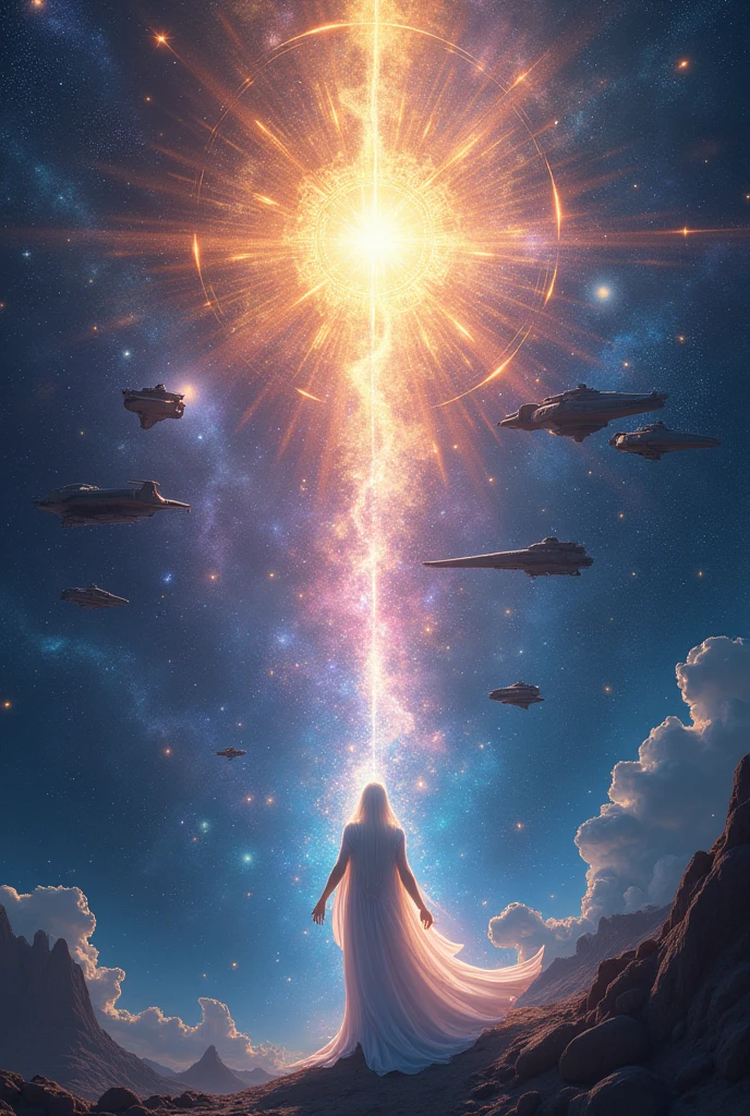 Stylized representations of star ships and ascended masters, Like Hilarion and Archangel Raphael. Celestial beings emanate cosmic lights from their bodies to the entire universe