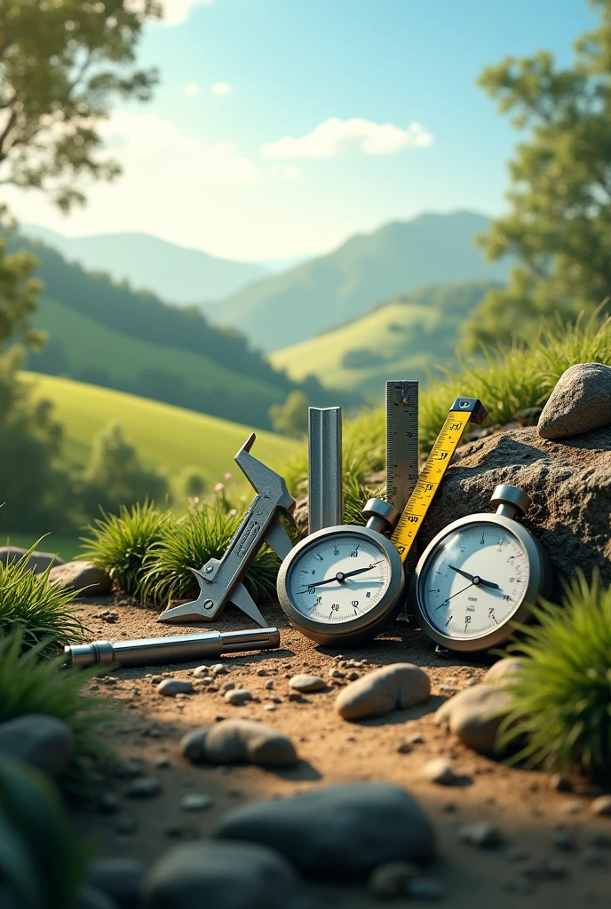 Image of a landscape with measuring instruments, calipers, pressure gauge, tape measure, metrology ruler