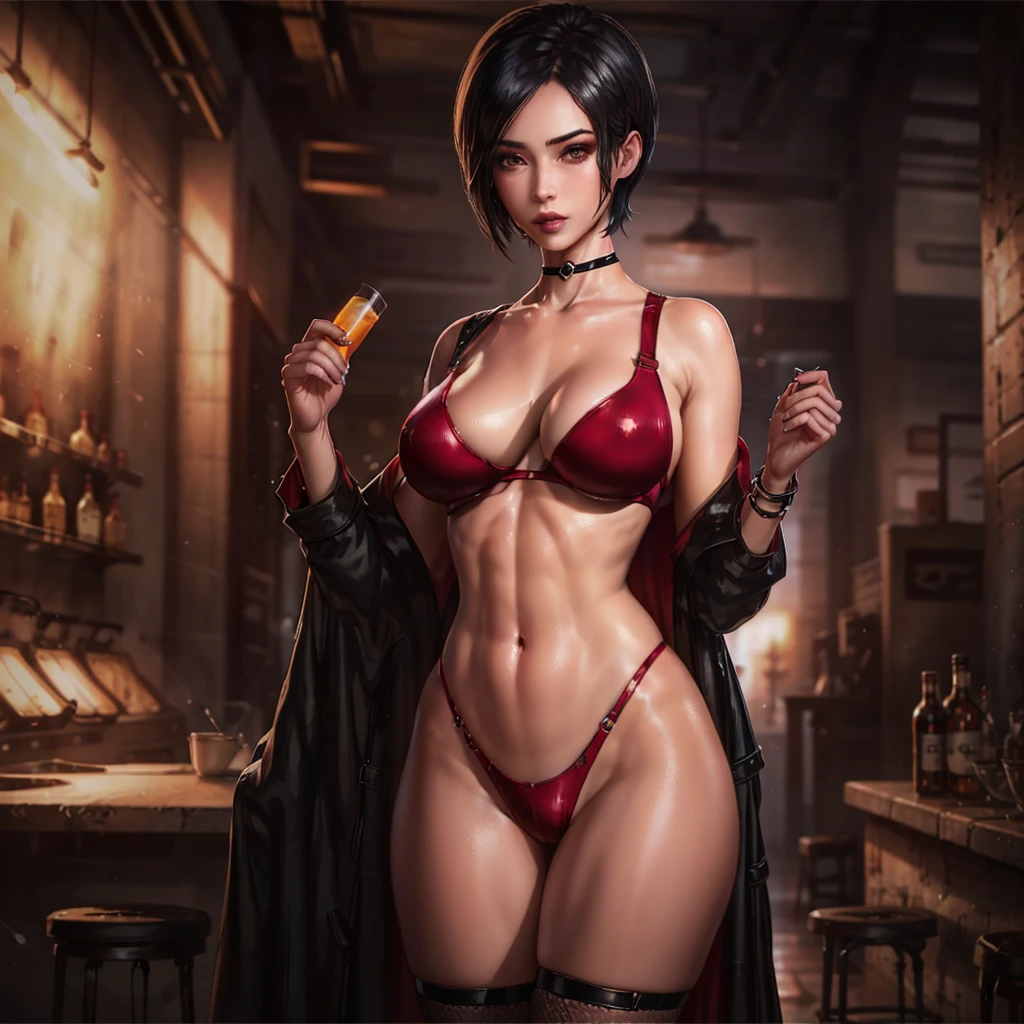there is an Woman (wearing a latex red bra and translucent fishnet bodysuit), red pleasers, 3d neon art of a womans body, neon-noir background, cyberpunk femme fatale, seductive cyberpunk dark fantasy, cyberpunk strip clubs, cyberpunk 20 y. o model girl, oppai cyberpunk, banner, high definition cgsociety, cgsociety masterpiece, trending on cgstation, kda, random hair, looking at camera, medium breasts, cleavage, (high detailed skin:1.2), 8k uhd, dslr, super lighting, high quality, film grain, high res, highly detailed, hyper realistic, beautiful face, beautiful body, beautiful eyes nose lips, alluring expression, very bold, upper visible, full body photo, standing legs apart, pale translucent glowing skin, most beautiful face, cute, (luxury and elegant room with a bar and soft light:1.4)), (extremely slutty),
