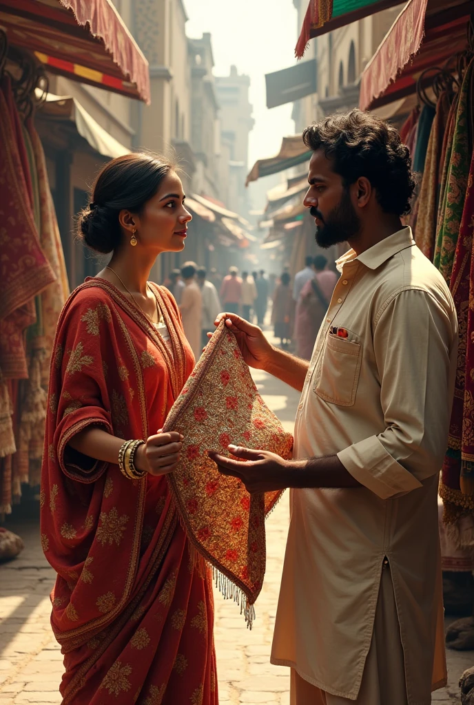 Punjab fabrics market in 1933
A American woman standing and conversation with shopkeeper for buy a saree from him she hold sarees fabric in her hand