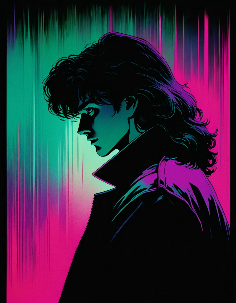 illust、art、from 80s horror movie、A man、high detail, realsitic shadow、Analog style, vhs style, 8mm film, chromatic aberration, Dvd screengrab、Complementary color gradient