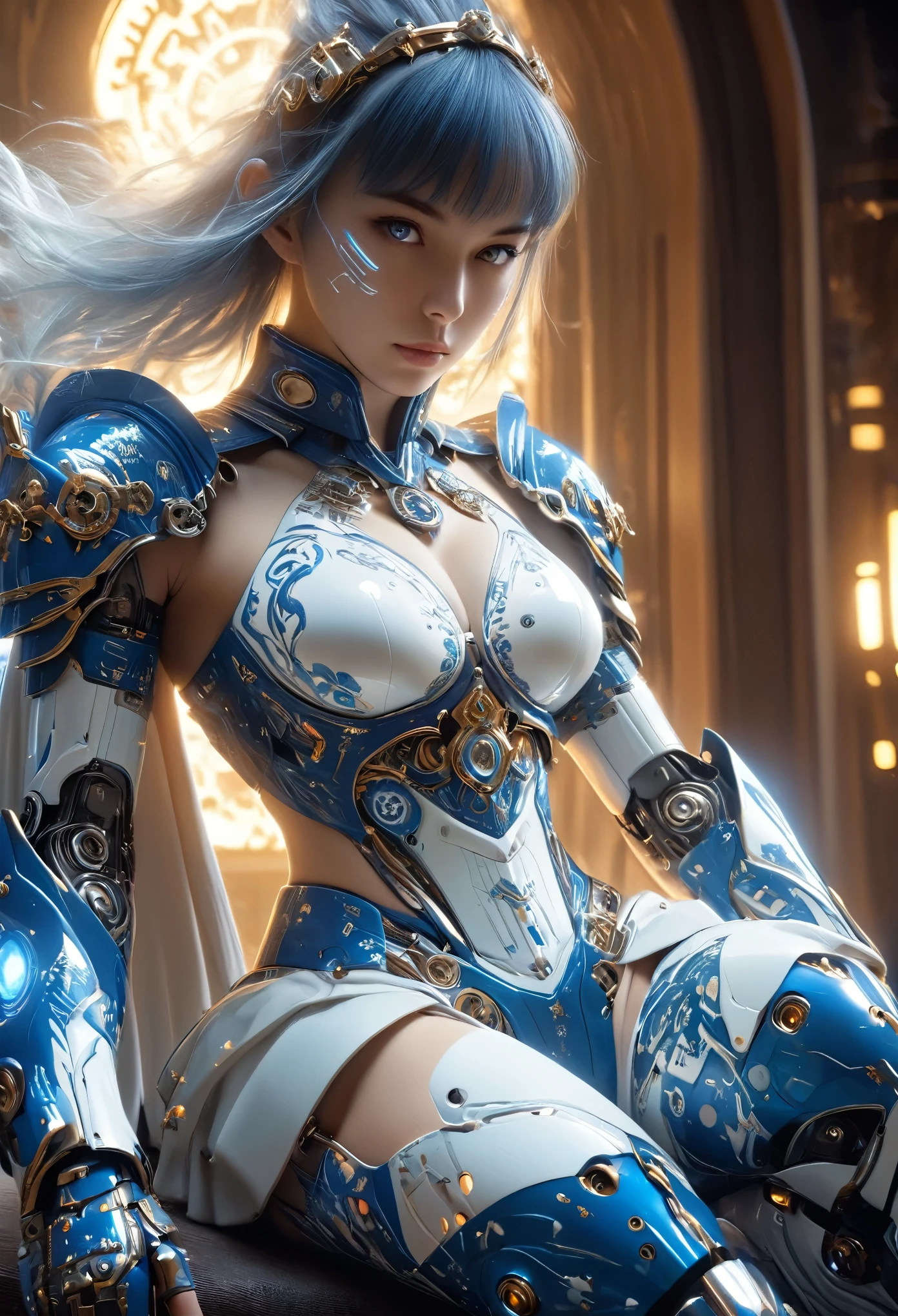 (Best Quality, 4K, 8K, High Resolution, Masterpiece: 1.2), (Super Detailed, Realistic, Photorealistic:1.37), A woman in futuristic clothing, Trending on cgstation, Trending on cgstation, (Portrait of a girl in the Knights of the Zodiac:1.4), blunt bangs, Cute Cyborg Girl, Perfect android girl, Portrait Astronaut Girl, Beautiful girl cyborg, (Girl wearing blue and white mechanical cyber armor:1.3), Game CG, cgsociety and fenghua zhong, Beautiful Cyborg Shrine Maiden, Bioluminescence, (Yua Yaiba:0.5), (Golden eyes:1.5), Anatomically correct grip, (Sharp and long claws:1.4), erotic and sexy, black, wearing A gorgeous cape with beautifully detailed embroidery, (beautiful tits, beautiful breasts, beautiful nipples:1.5), (NSFW:1.5)