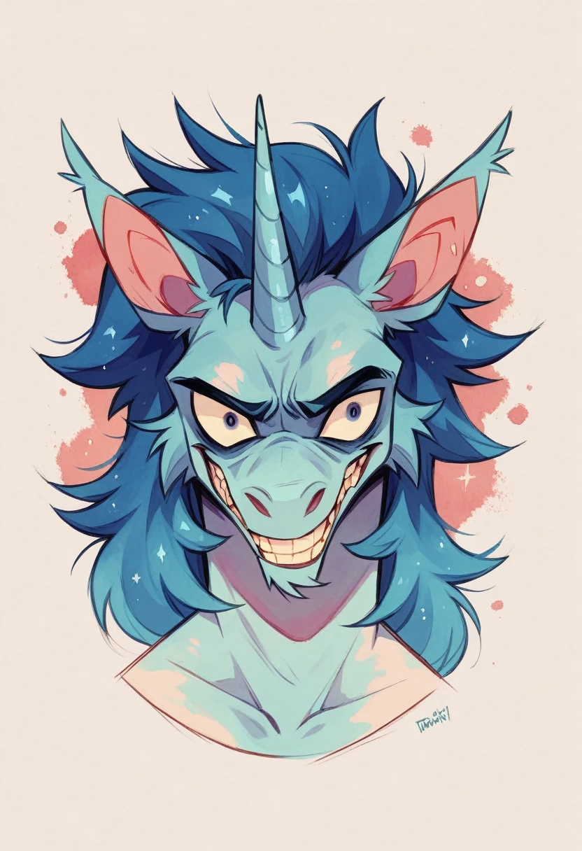 Crazy Unicorn in sketch form, sharp edges, masterpiece, Background pastel colors in watercolor, best vector graphics