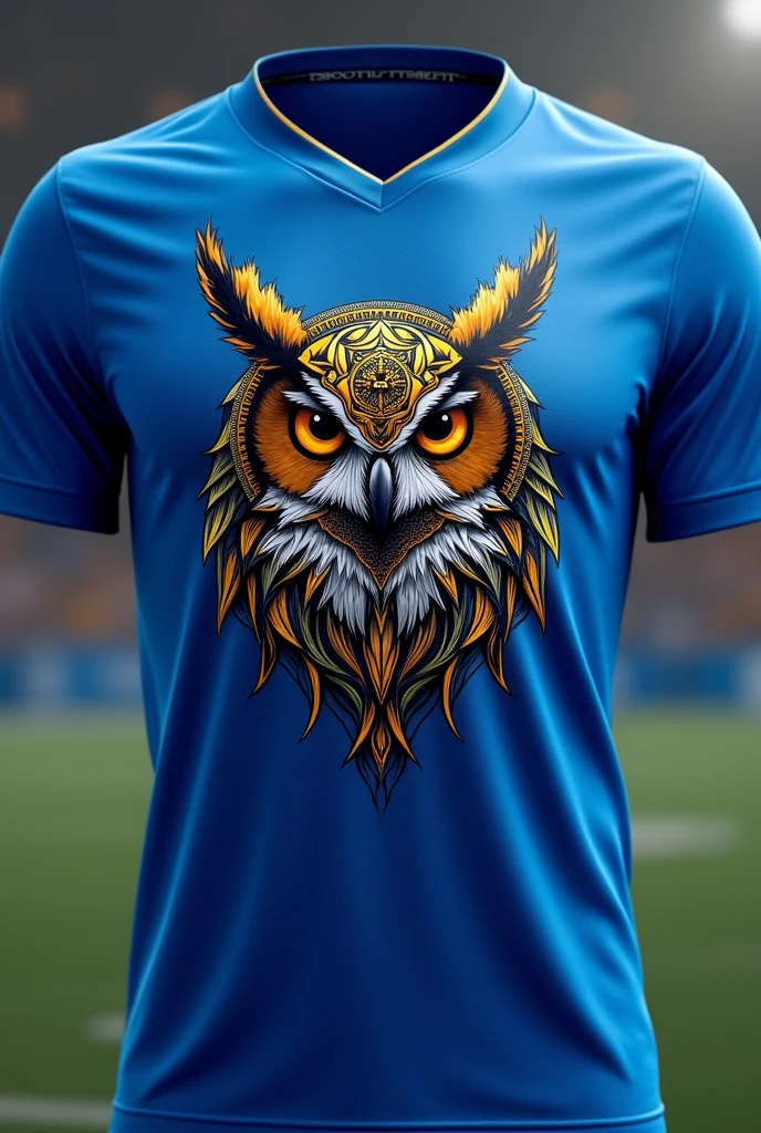 Create a blue football shirt, gold and black with the design of an owl with the hat of the Greek goddess Athena with details of Greek mythology and the design not so big