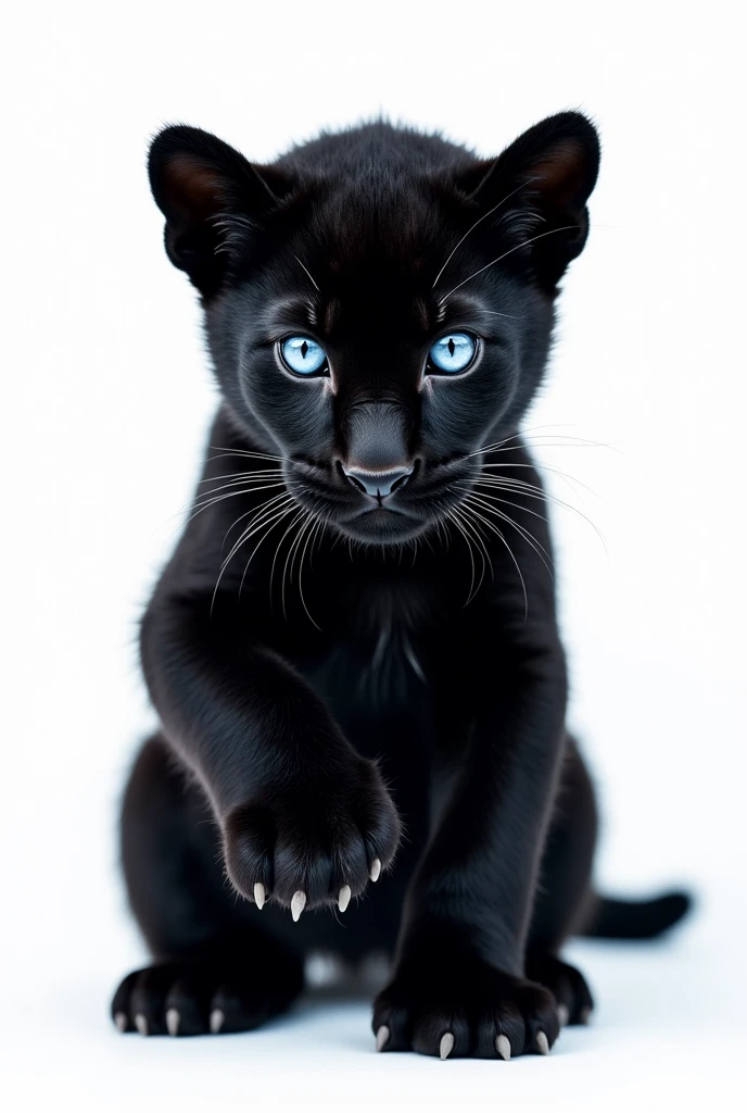 Black panther cub, blue eyes, head on, claw, WITH WHITE BACKGROUND. 