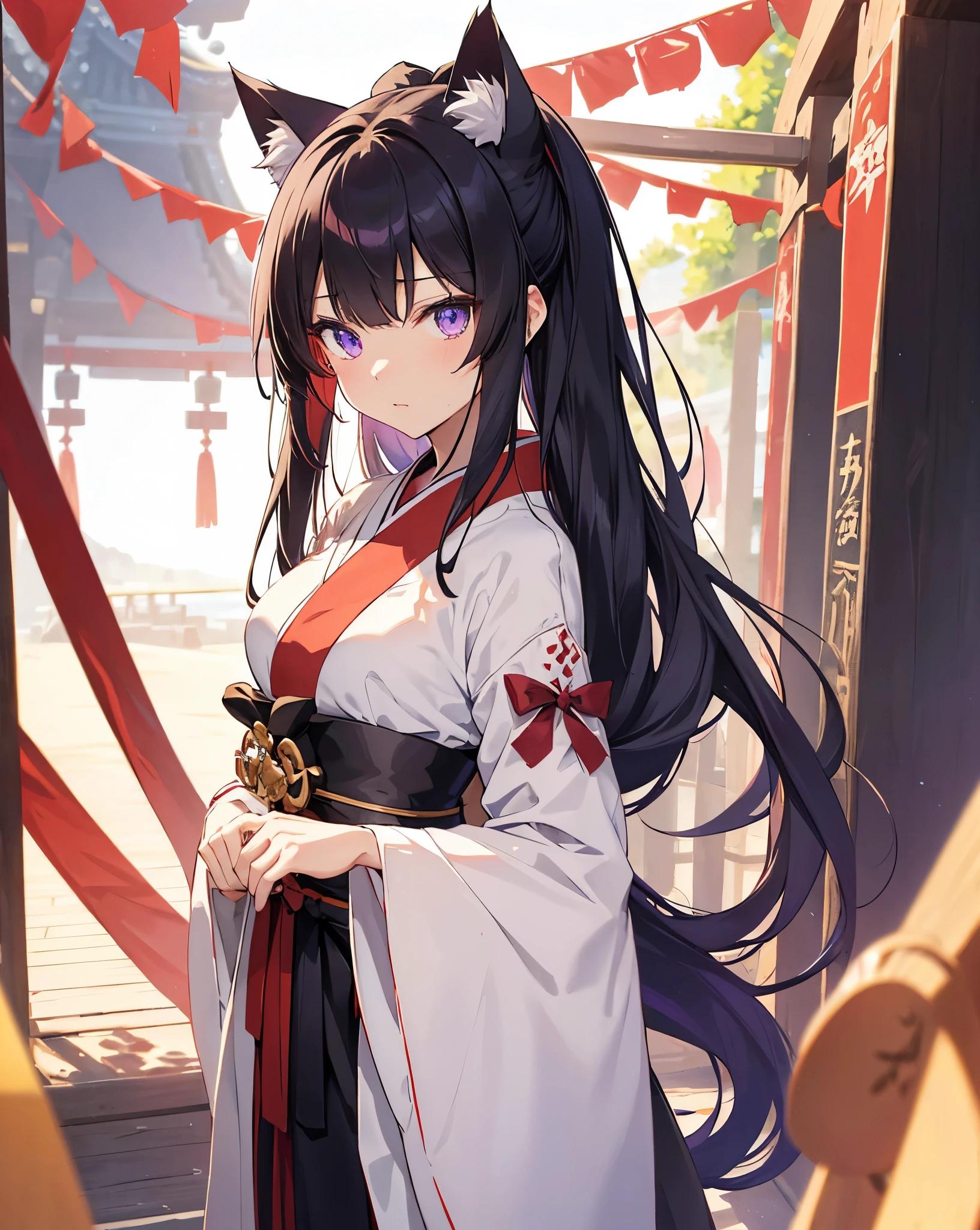 1 anime catgirl, black cat ears, neko ears, with long black hair tied back, Two small tufts of hair in front, wearing a traditional white blouse with voluminous sleeves and a high collar, paired with a long red skirt that has a bow at the waist. The character is in a standing pose and has an elegant and refined appearance. She has accent purple eyes, detailed anime eyes, she is the shrine priestess. She has a traditional dance pose. red hakama and white kimono. Slim waist. She is in a shrine. 