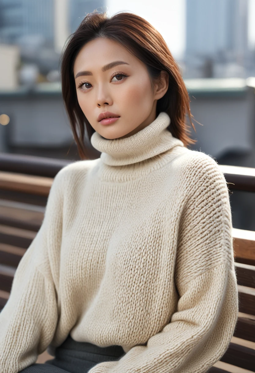 (best quality,4k,8k,highres,masterpiece:1.2),ultra-detailed,(realistic,photorealistic,photo-realistic:1.37),big ,turtleneck knitwear,healthy skin,even toned,natural light and color,One Woman,japanese,soft eyes,street of tokyo,sitting on a terrace