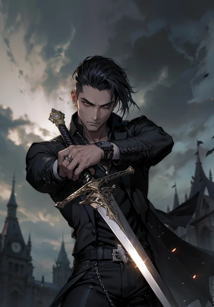 Gothic man long hair big sword honey eyes suit and black clothes security, Embers and building