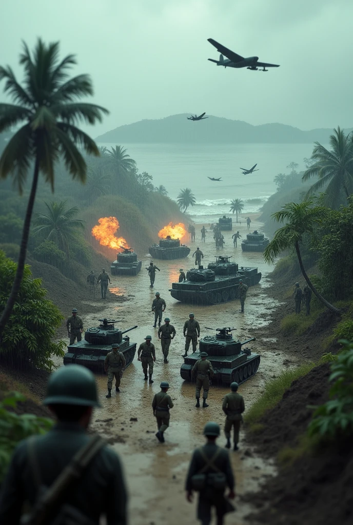 malaysia rainy day bomb . sea, beach . everywhere lot of soldier in battlefield.world war 2. tilt shift photography. lot of war. tank.aircraft 1940. air drop
