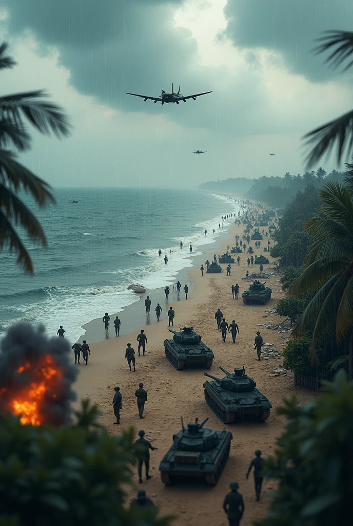 malaysia rainy day bomb . sea, beach . everywhere lot of soldier in battlefield.world war 2. tilt shift photography. lot of war. tank.aircraft 1940. air drop
