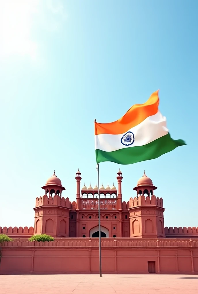 Indian red fort wide sky, background ready to celebrate independence day, no people, a big Indian flag flying on the side of the image full white background