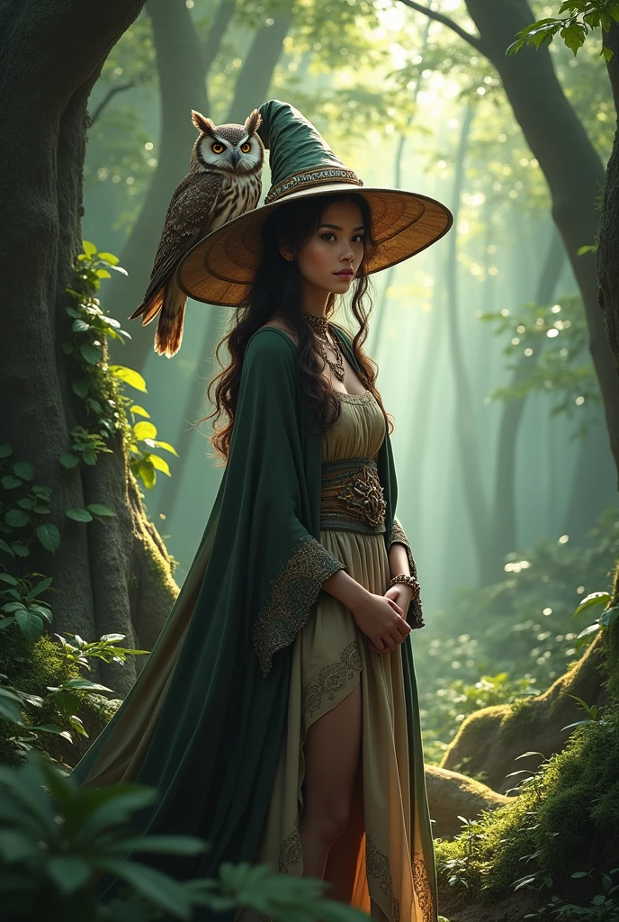 A young and pretty women in magic clothes and a magic hat and an owl on her shoulder 
In the middle of the beautiful and mysterious forest