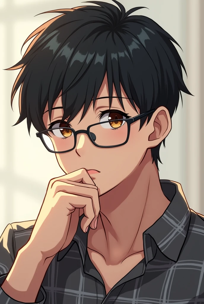 You can create an anime character of a young man with black hair, brown eyes, glasses and dressed in a plaid shirt.