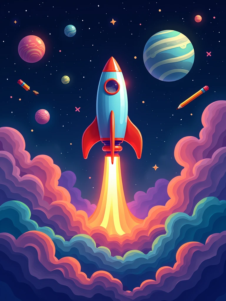 digital art of a stylized rocket taking off, surrounded by colorful planets and stars, include school supplies. use colors: dark blue, orange, purple and green.