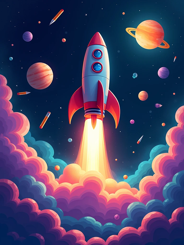 digital art of a stylized rocket taking off, surrounded by colorful planets and stars, include school supplies. use colors: dark blue, orange, purple and green.