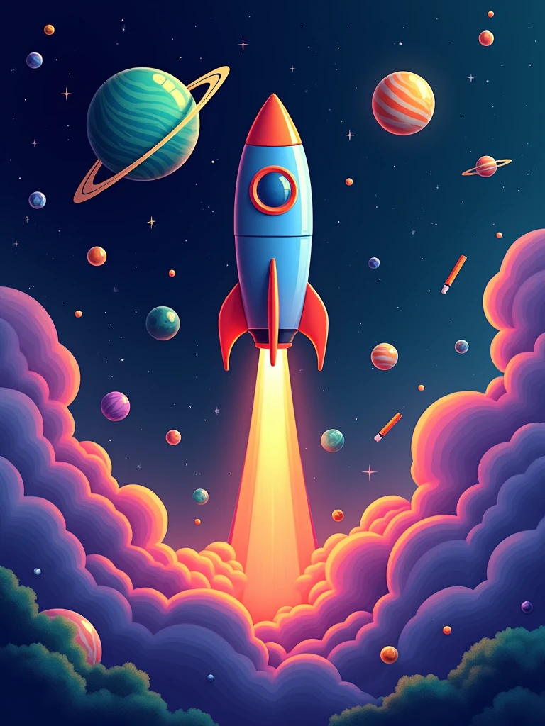 digital art of a stylized rocket taking off, surrounded by colorful planets and stars, include school supplies. use colors: dark blue, orange, purple and green.