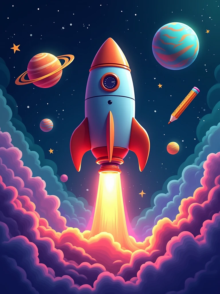 digital art of a stylized rocket taking off, surrounded by colorful planets and stars, include school supplies. use colors: dark blue, orange, purple and green.
