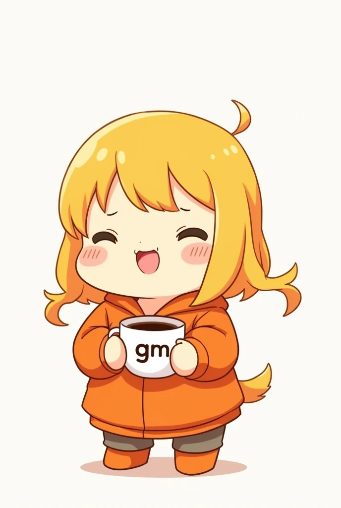 Short anime character, chubby, lovely, wearing orange clothes holding a cup of coffee, on the cup it says "gm", with a white banner on top that says "MORNING AGENTS!"