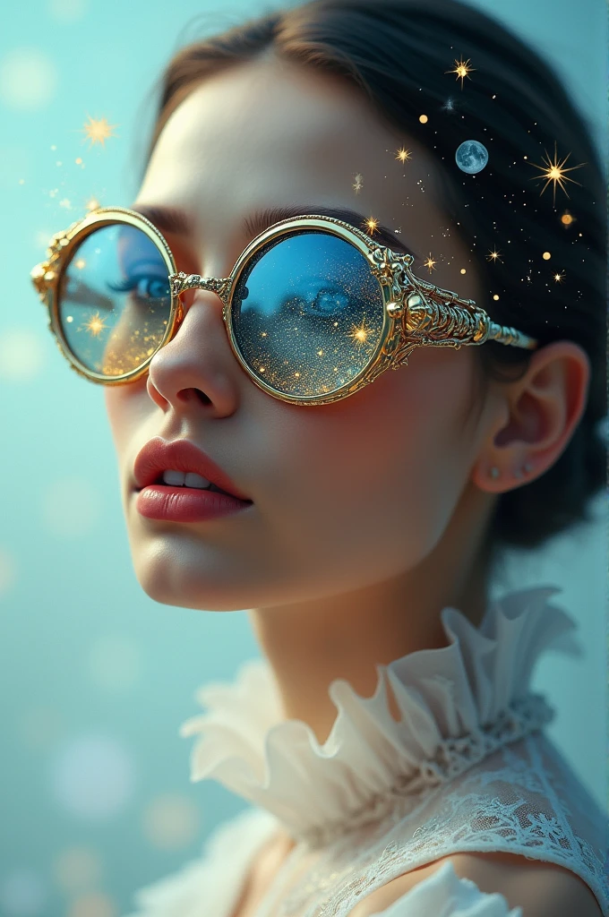 The model is wearing glass sunglasses with stars and the moon on the glass